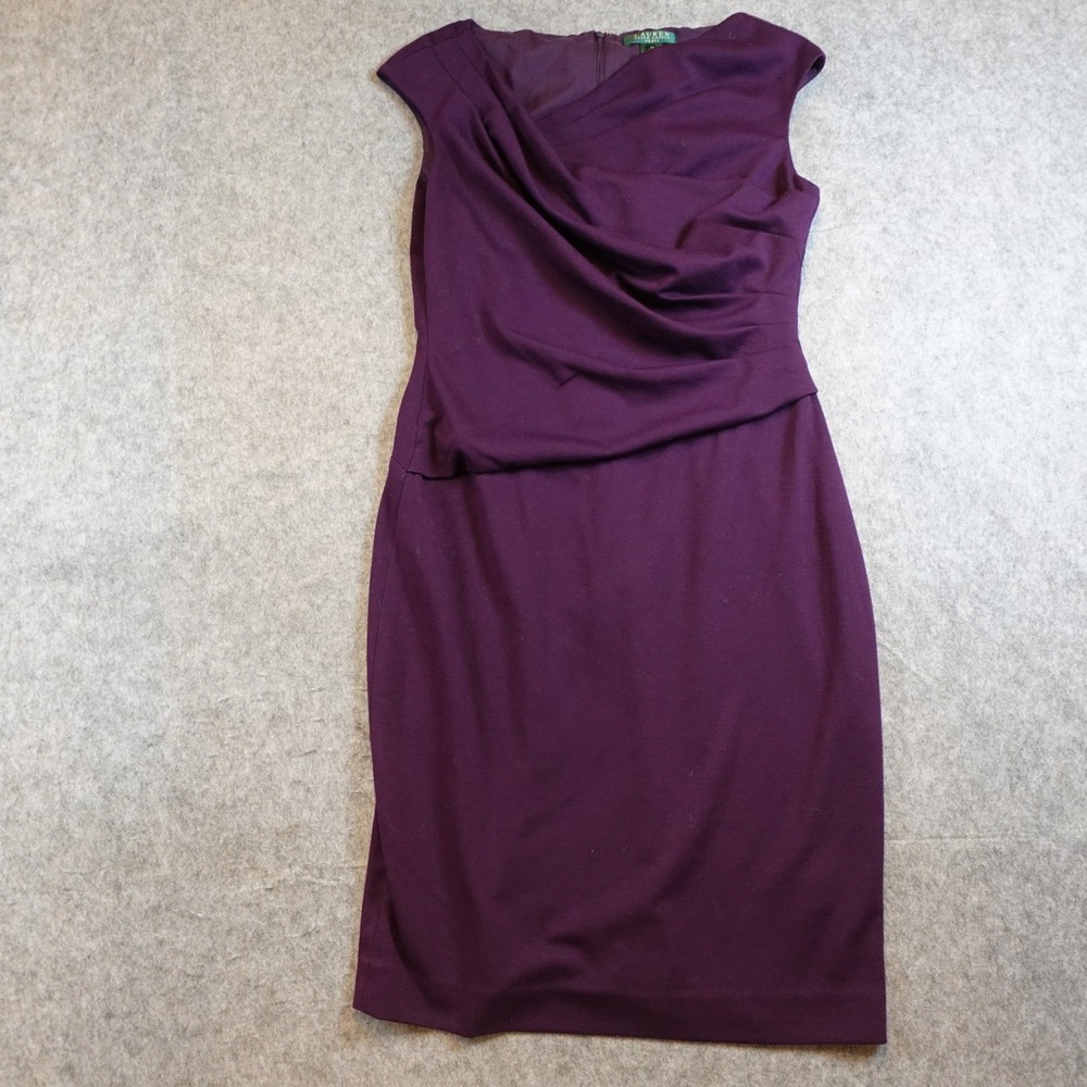 Ralph Lauren Dress Women 10 Purple Sleeveless Surplice Draped Sheath Pencil